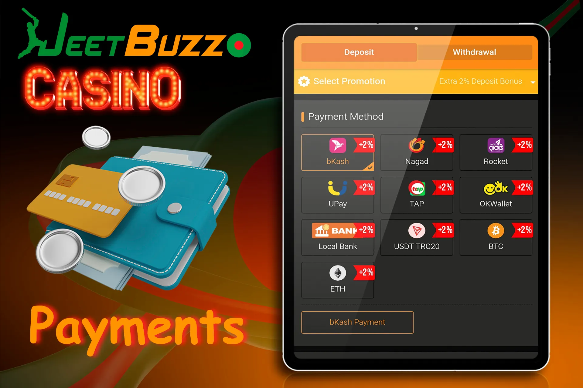 information about available payment options and their transaction limits at JeetBuzz Casino Bangladesh